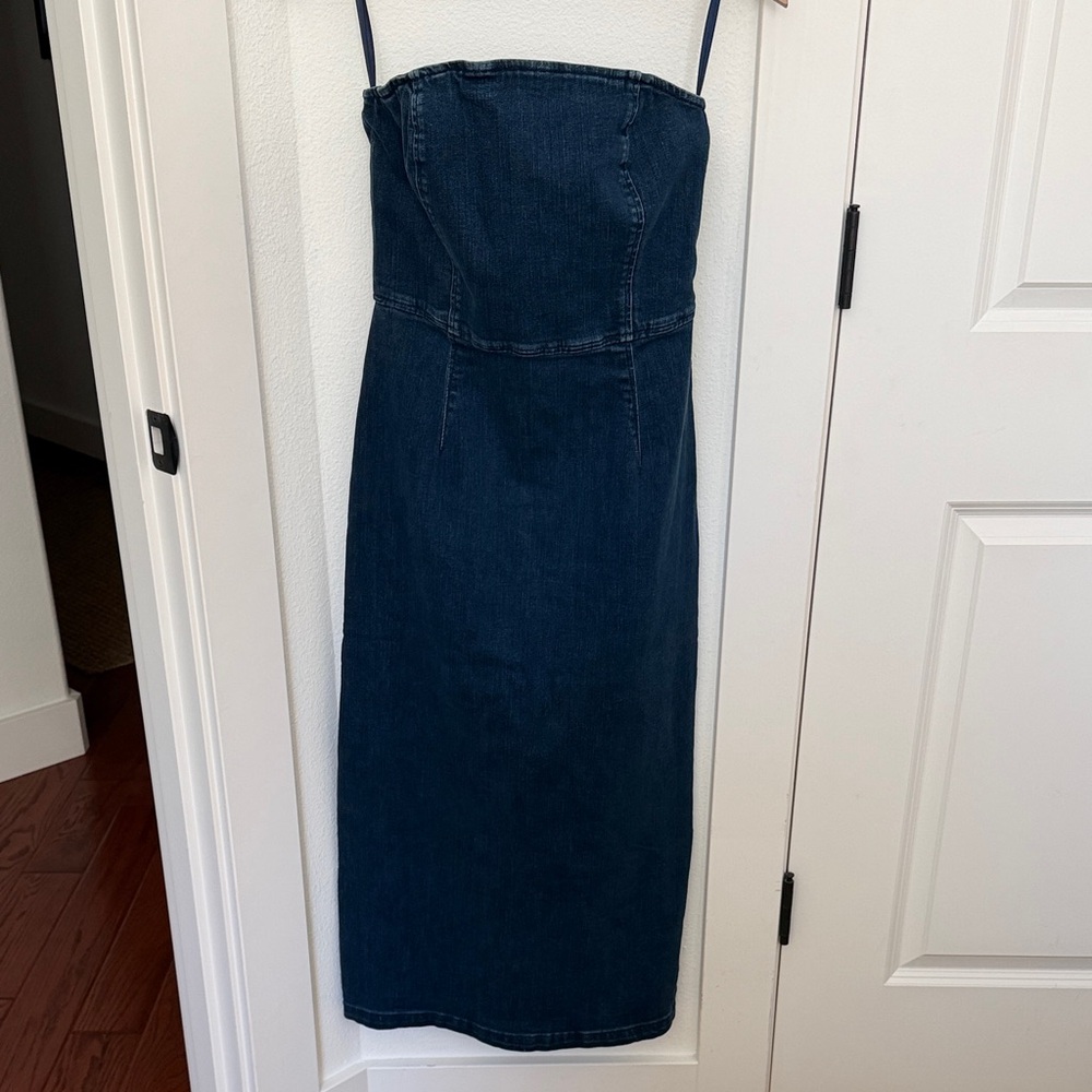 GAP Strapless Denim Midi Dress in Dark Blue